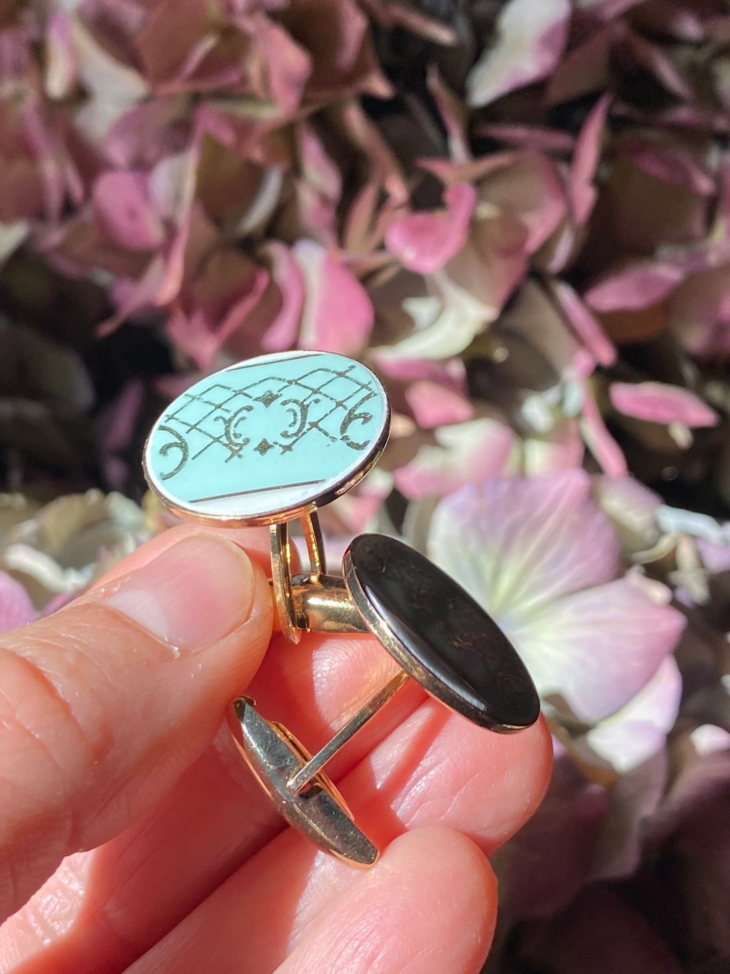 Boutons de manchettes "vert eau doré" dorés